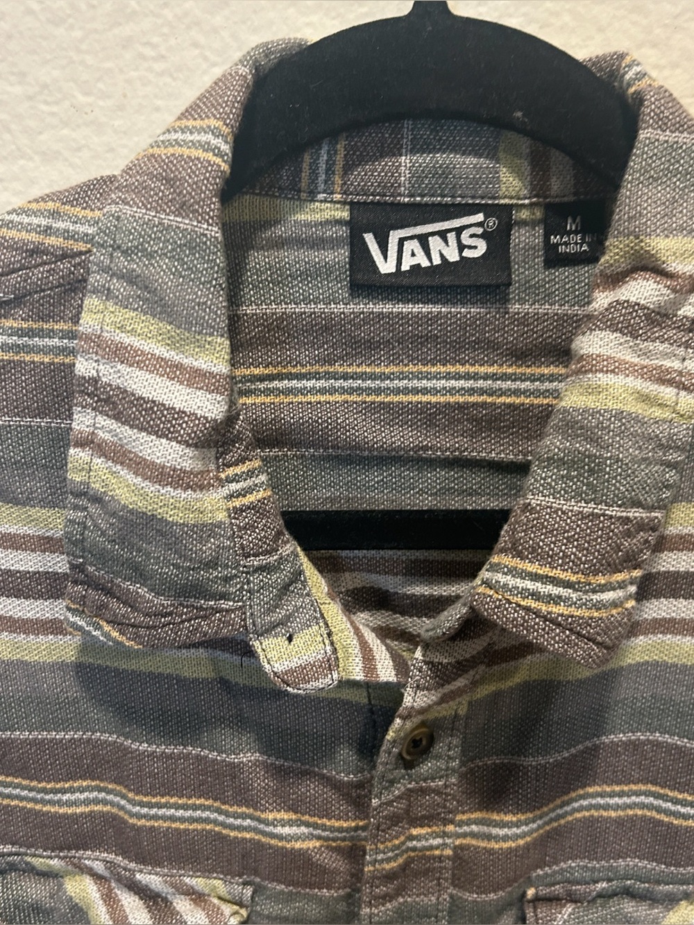 Vans Men’s Brown and Olive Striped Button-Down woven cotton Shirt